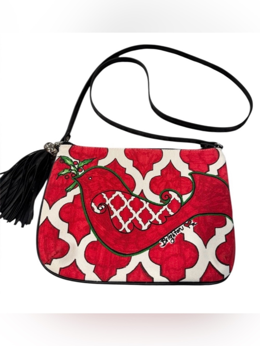 Brighton Love Dove canvas & leather red, white, black and green crossbody purse